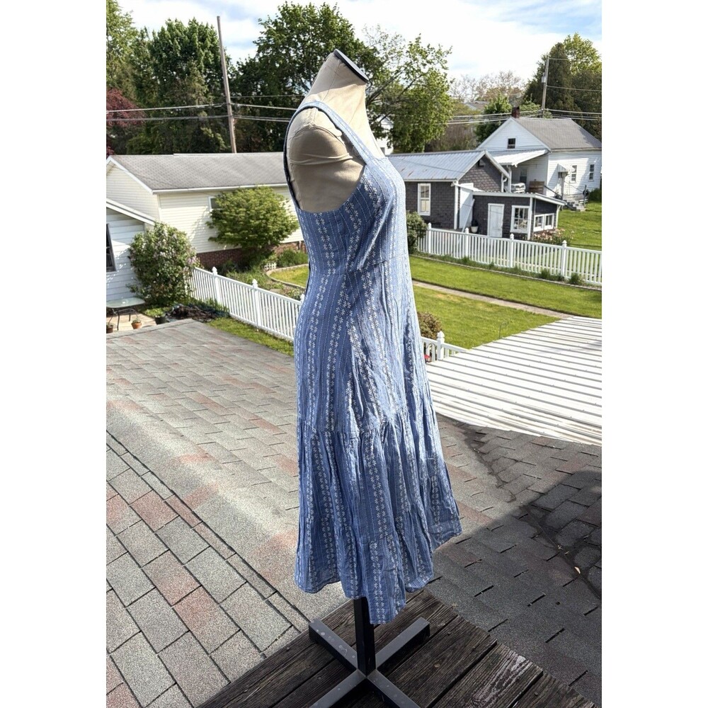 Madewell Blue Embroidered Floral Button Back Tiered Boho Midi Sun Dress Sz 4 - Picture 3 of 5